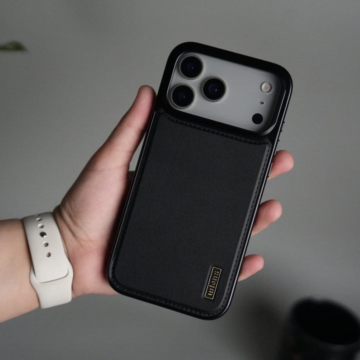 FRATO iPhone 17 Series Black iPhone 17 Pro Max Premium Leather Back Case with Metal Kickstand And camera Bump Cover