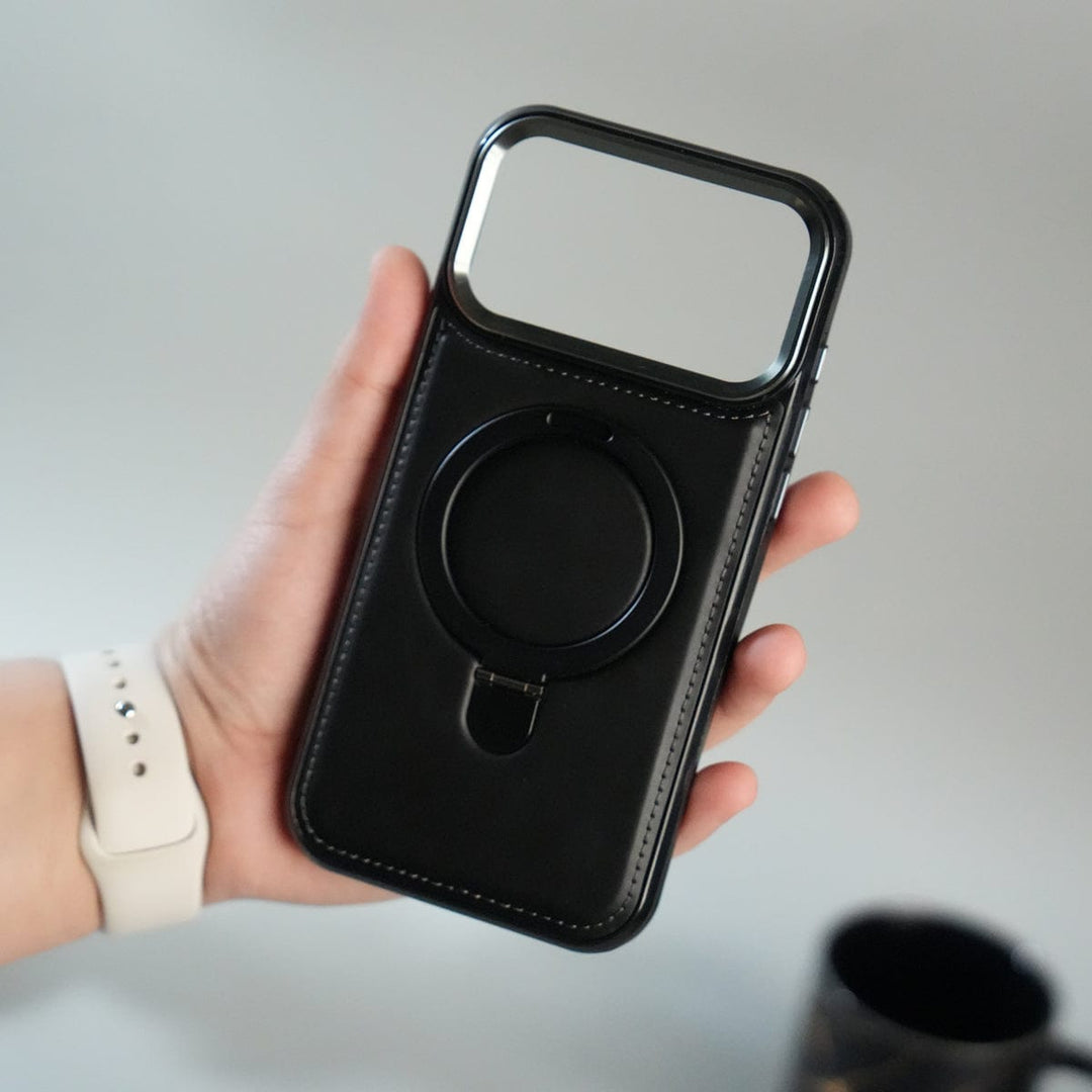 FRATO iPhone 17 Series Black iPhone 17 Pro Max Premium PU Leather Case with Metal Kickstand | Metal Camera Bump | Luxury Shockproof Back Cover