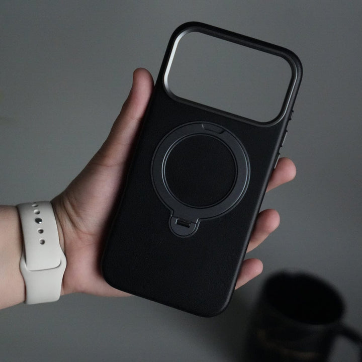 FRATO iPhone 17 Series Black iPhone 17 Pro Max PU Leather Case with Metal Camera Frame &amp; 360° Rotating Metal Stand