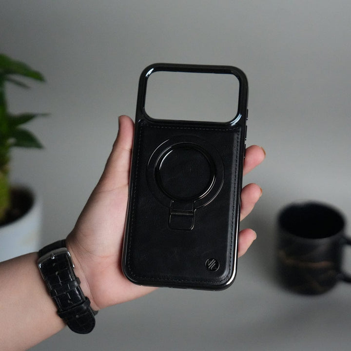 FRATO iPhone 17 Series Black iPhone 17 Pro Max PU Leather Chrome Side Case With Ring Metal Stand