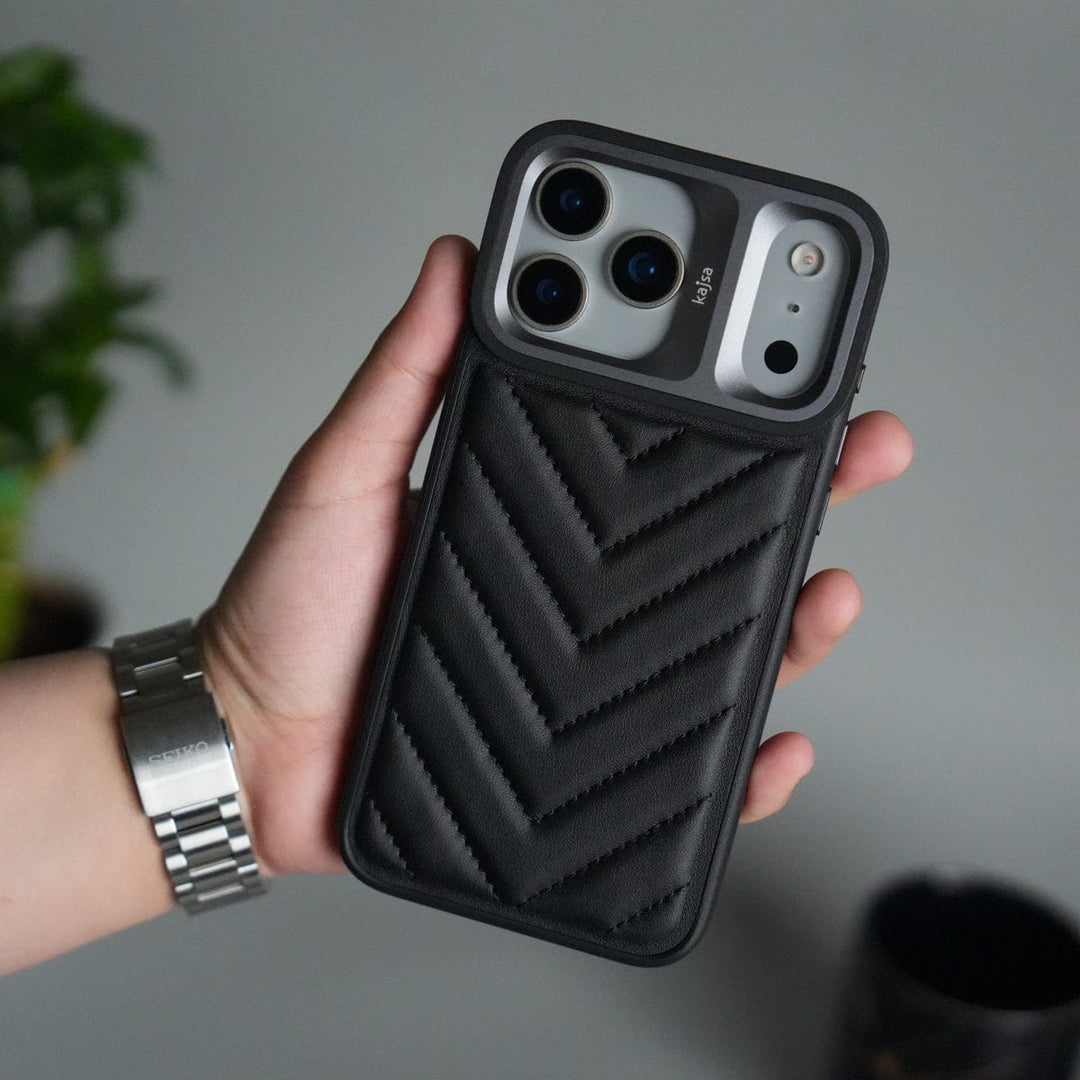 FRATO iPhone 17 Series Black iPhone 17 Pro Max PUFF Leather Metallic Camera Frame Case Cover
