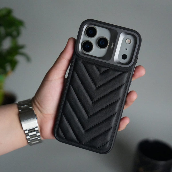 FRATO iPhone 17 Series Black iPhone 17 Pro Max PUFF Leather Metallic Camera Frame Case Cover