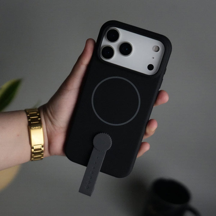 FRATO iPhone 17 Series Black iPhone 17 Pro Max Silicone Case | Magnetic Ring | Silicone Rotating Grip Strap Cover