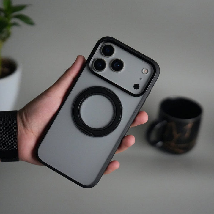 FRATO iPhone 17 Series Black iPhone 17 Pro Max Transparent Magnetic Ring Case | Frosted Shockproof Kickstand Cover