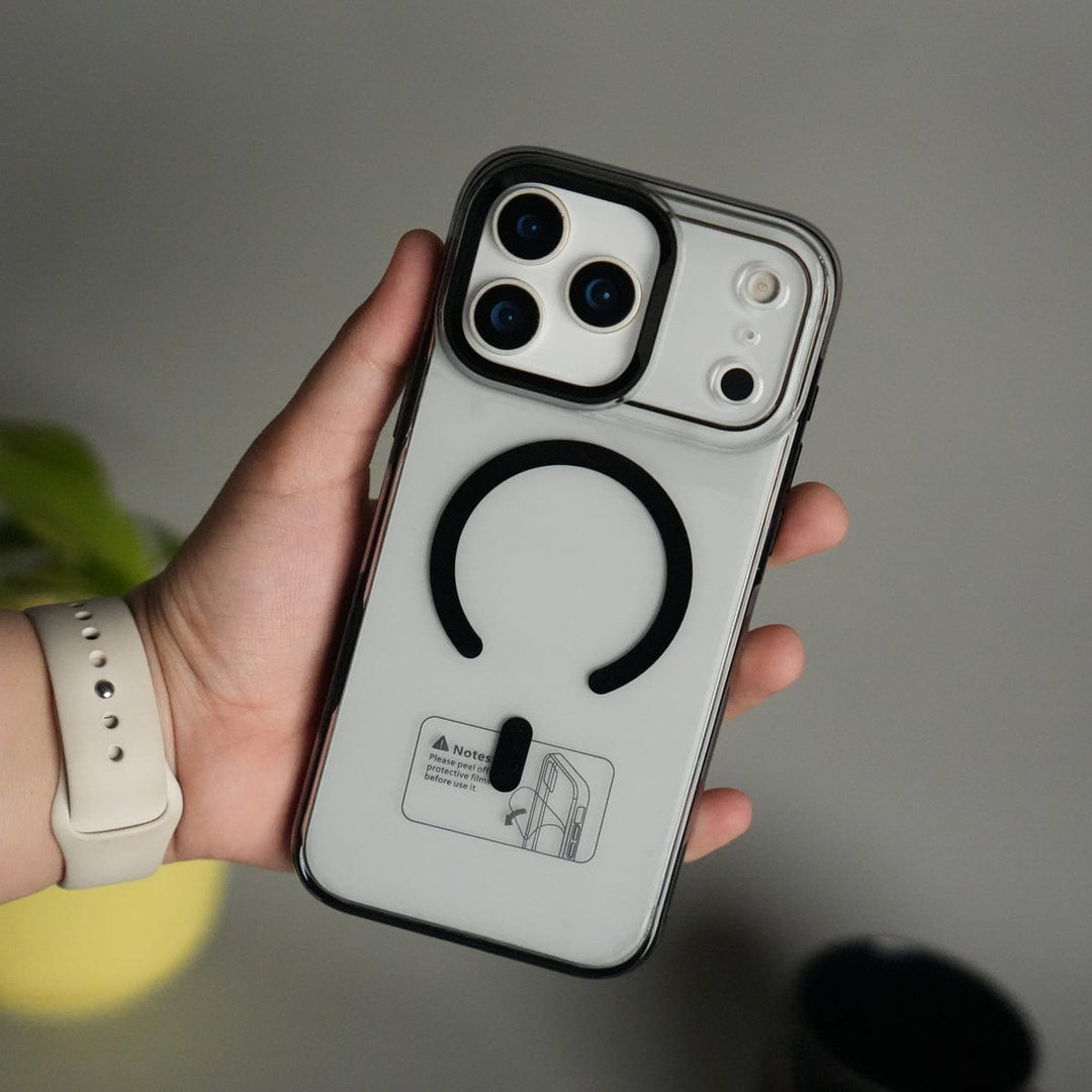 FRATO iPhone 17 Series Black iPhone 17 Pro Max Transparent MagSafe Case with Metal Camera Frame | Crystal Clear Back Cover