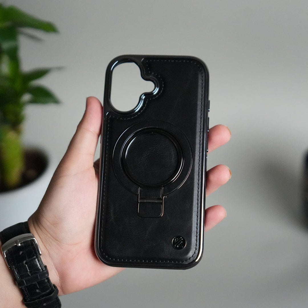 FRATO iPhone 17 Series Black iPhone 17 PU Leather Chrome Side Case With Ring Metal Stand
