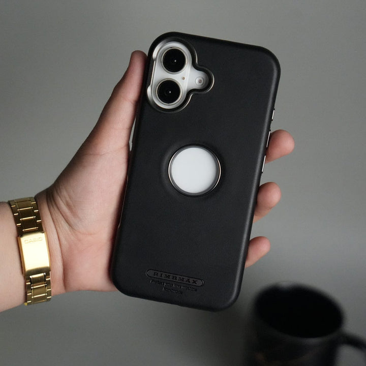 FRATO iPhone 17 Series Black iPhone 17 PU Leather Logo Cut MagSafe Case | Metal Camera Frame with Premium Finish
