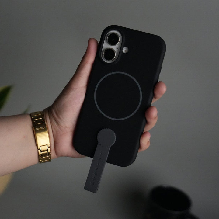 FRATO iPhone 17 Series Black iPhone 17 Silicone Case | Magnetic Ring | Silicone Rotating Grip Strap Cover
