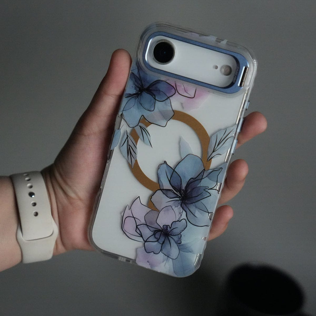 FRATO iPhone 17 Series Blue iPhone 17 Air FloraCrystal Clear Floral Design Case with Color Metal Camera Stand Frame