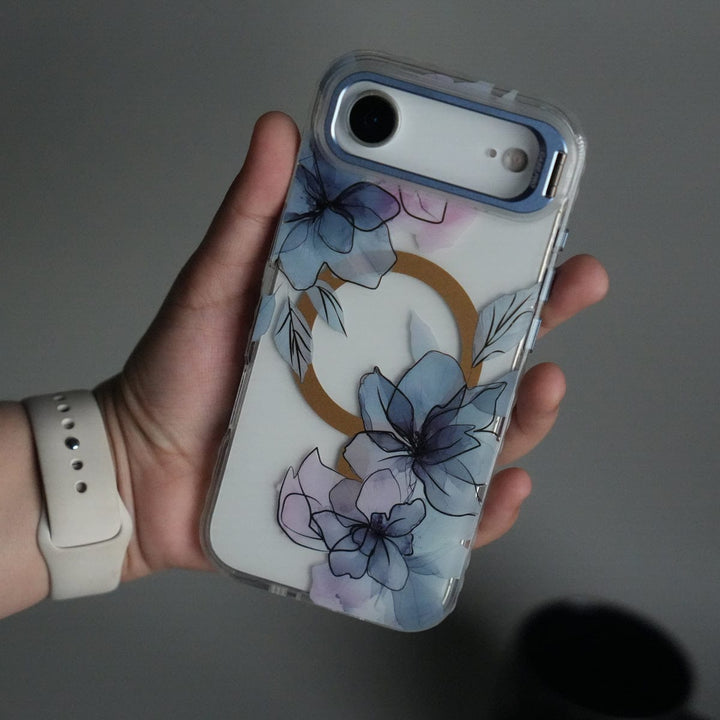 FRATO iPhone 17 Series Blue iPhone 17 Air FloraCrystal Clear Floral Design Case with Color Metal Camera Stand Frame