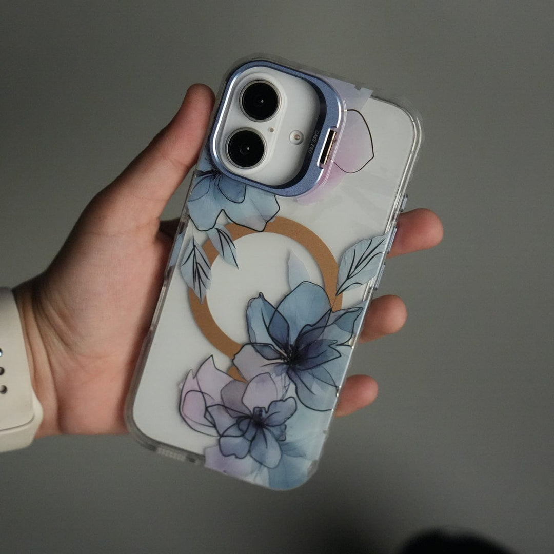 FRATO iPhone 17 Series Blue iPhone 17 FloraCrystal Clear Floral Design Case with Color Metal Camera Stand Frame