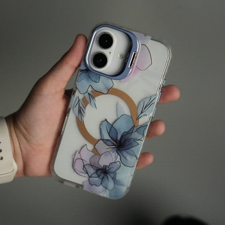 FRATO iPhone 17 Series Blue iPhone 17 FloraCrystal Clear Floral Design Case with Color Metal Camera Stand Frame