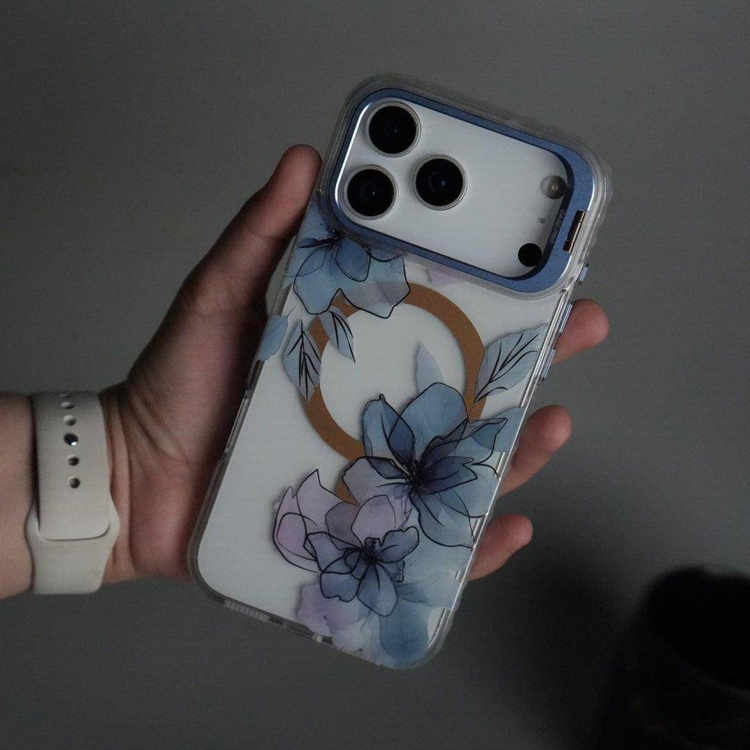 FRATO iPhone 17 Series Blue iPhone 17 Pro Max FloraCrystal Clear Floral Design Case with Color Metal Camera Stand Frame