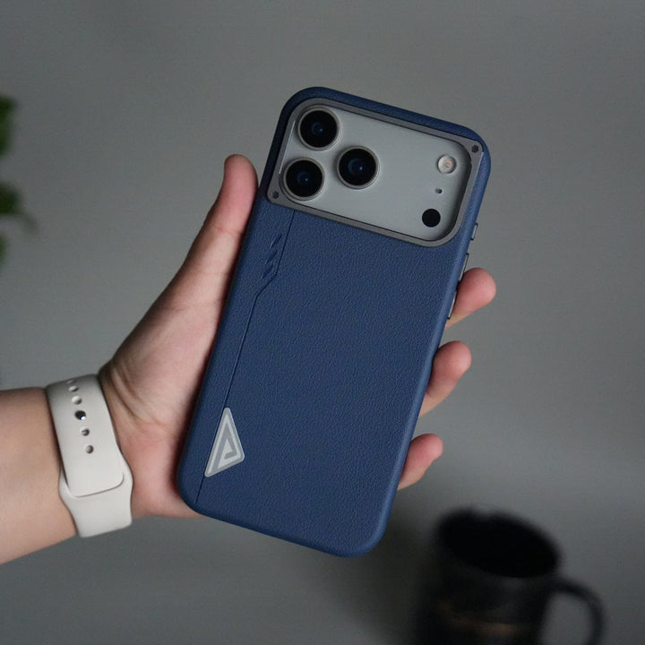 FRATO iPhone 17 Series Blue iPhone 17 Pro Max Leather Texture MagSafe PVC NUIU Case With Metal Camera Bump
