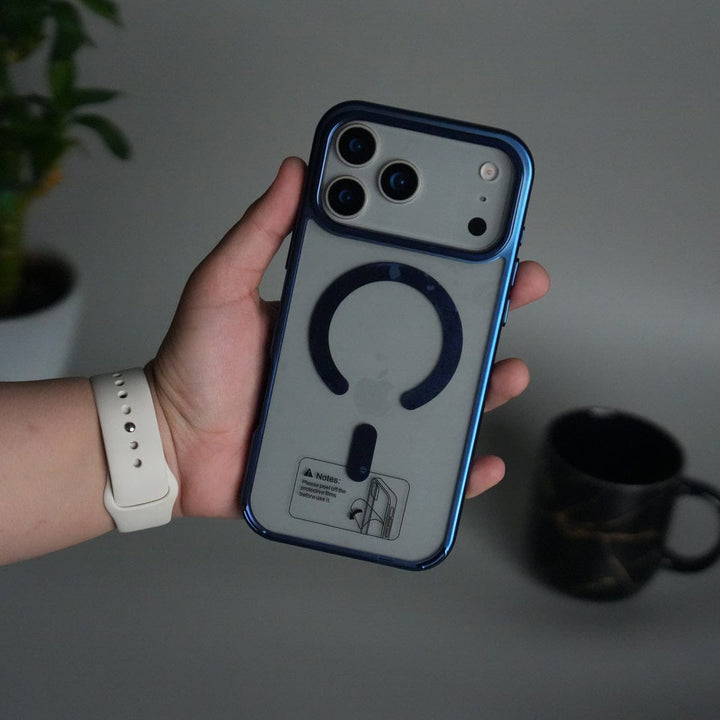 FRATO iPhone 17 Series Blue iPhone 17 Pro Max Transparent Side Chrome Electroplated Plated Magnetic Clear Back Case Covers