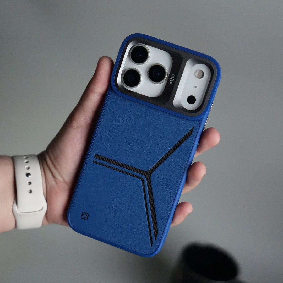 FRATO iPhone 17 Series Blue iPhone 17 Pro Tri-Strike Pattern Leather Case | Premium Luxury Back Cover with Metal Camera Frame