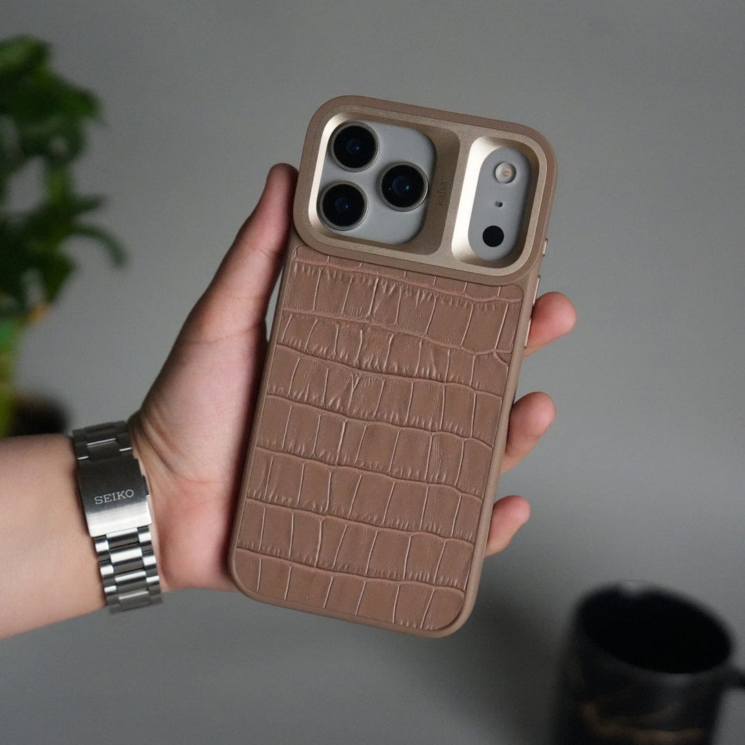 FRATO iPhone 17 Series Brown Croc iPhone 17 Pro Max Crocodile Leather Pattern Case | Premium Luxury Back Cover with Metal Camera Frame