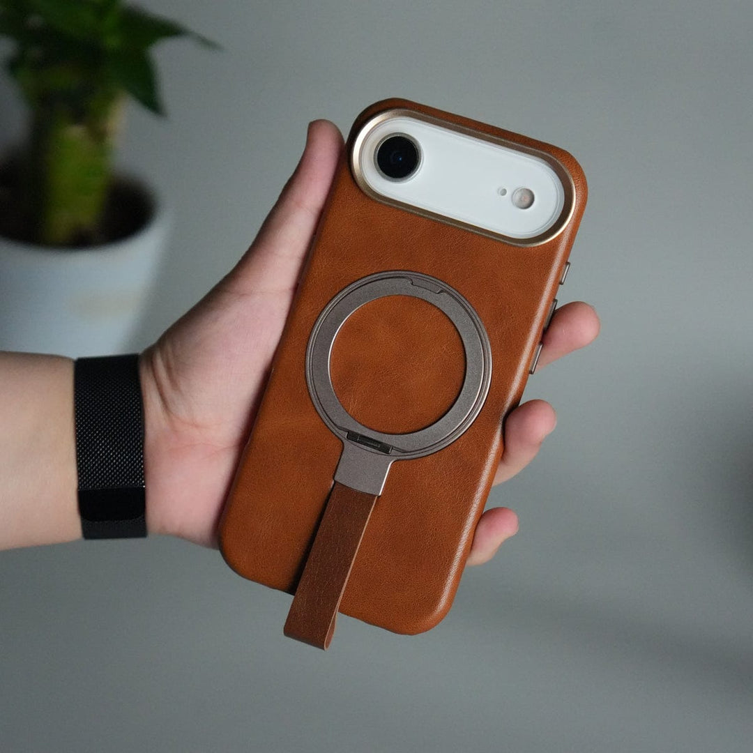 FRATO iPhone 17 Series Brown iPhone 17 Air Luxury Leather MagSafe Case | Metal Ring Stand and Grip Holder Cover
