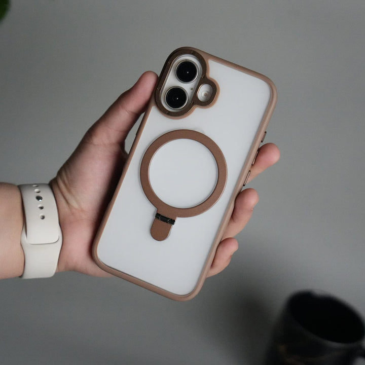 FRATO iPhone 17 Series Brown iPhone 17 Frosted Case with Metal Camera Bump &amp; Metal Kickstand | Shockproof Matte Hybrid Cover
