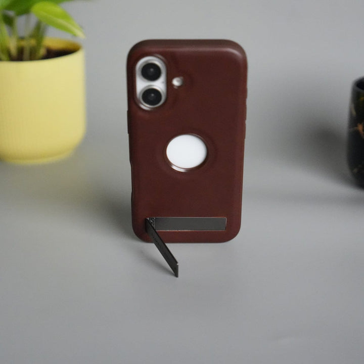 FRATO iPhone 17 Series Brown iPhone 17 Full PU Leather Inbuilt Metal Stand Case Cover
