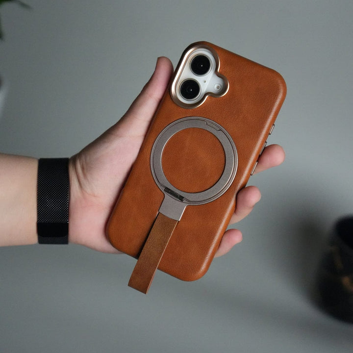 FRATO iPhone 17 Series Brown iPhone 17 Luxury Leather MagSafe Case | Metal Ring Stand and Grip Holder Cover