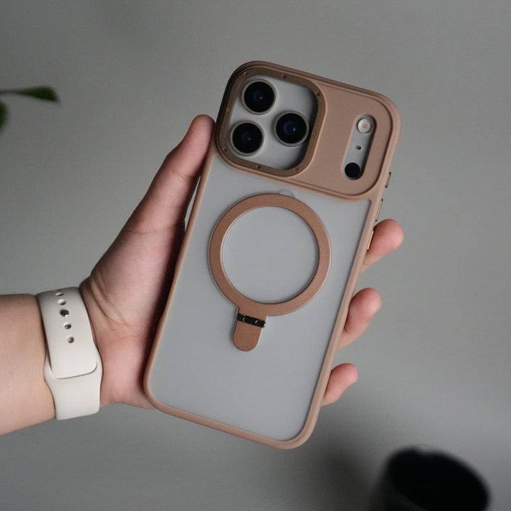 FRATO iPhone 17 Series Brown iPhone 17 Pro Max Frosted Case with Metal Camera Bump &amp; Metal Kickstand | Shockproof Matte Hybrid Cover