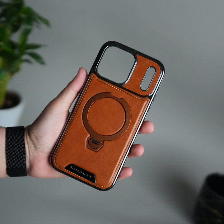 FRATO iPhone 17 Series Brown iPhone 17 Pro Max Luxury Leather Magnetic Ring Case | Metal Kickstand Cover with Chrome Frame