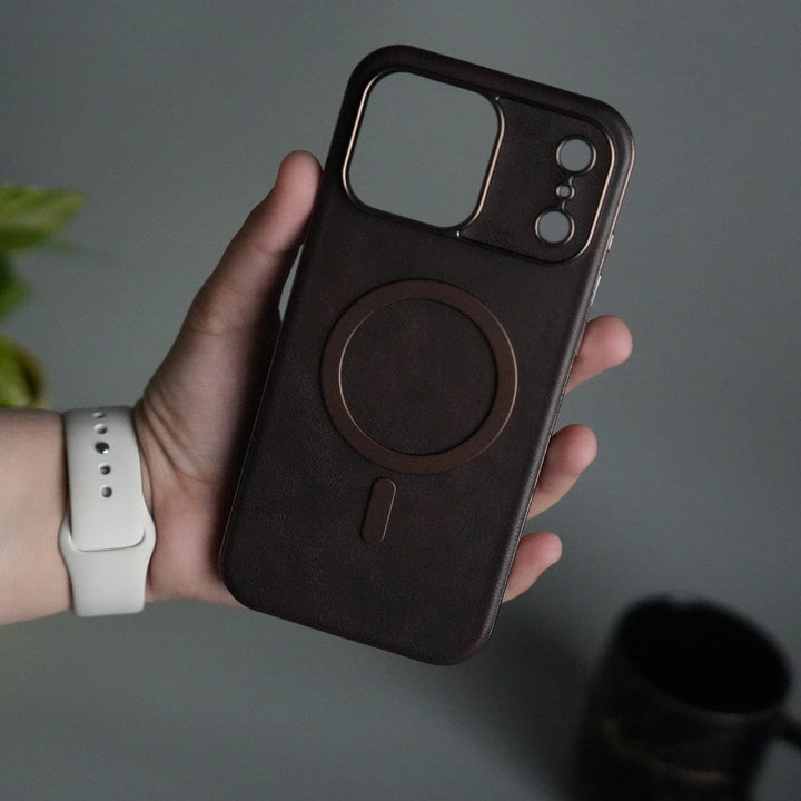 FRATO iPhone 17 Series Brown iPhone 17 Pro Max Metallic Textured Leather MagSafe Ring Case Cover