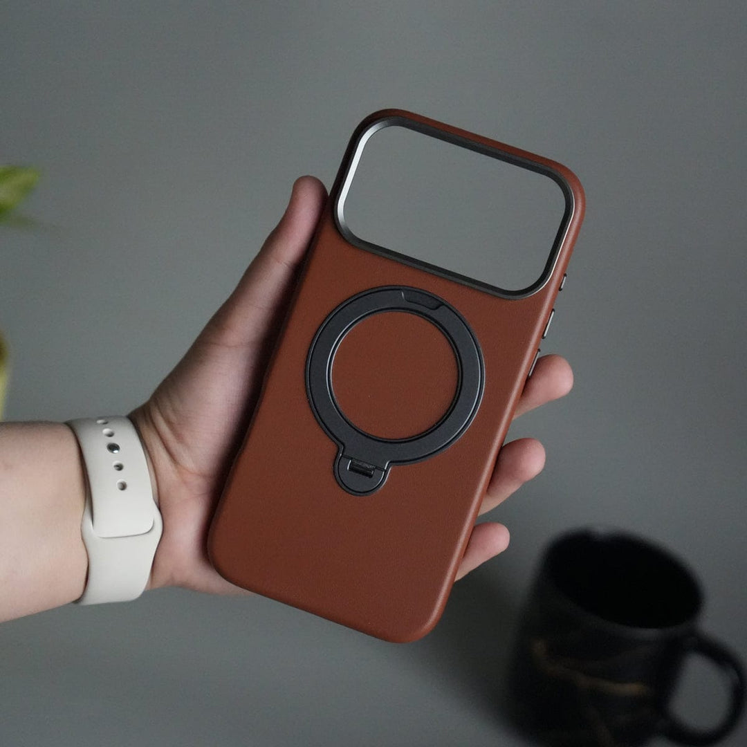 FRATO iPhone 17 Series Brown iPhone 17 Pro Max PU Leather Case with Metal Camera Frame &amp; 360° Rotating Metal Stand