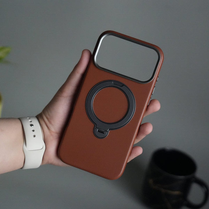 FRATO iPhone 17 Series Brown iPhone 17 Pro Max PU Leather Case with Metal Camera Frame &amp; 360° Rotating Metal Stand