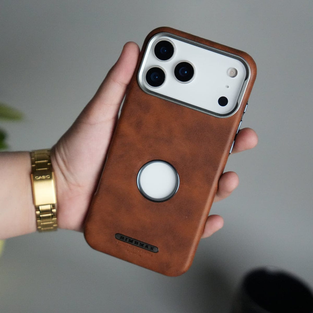 FRATO iPhone 17 Series Brown iPhone 17 Pro Max PU Leather Logo Cut MagSafe Case | Metal Camera Frame with Premium Finish