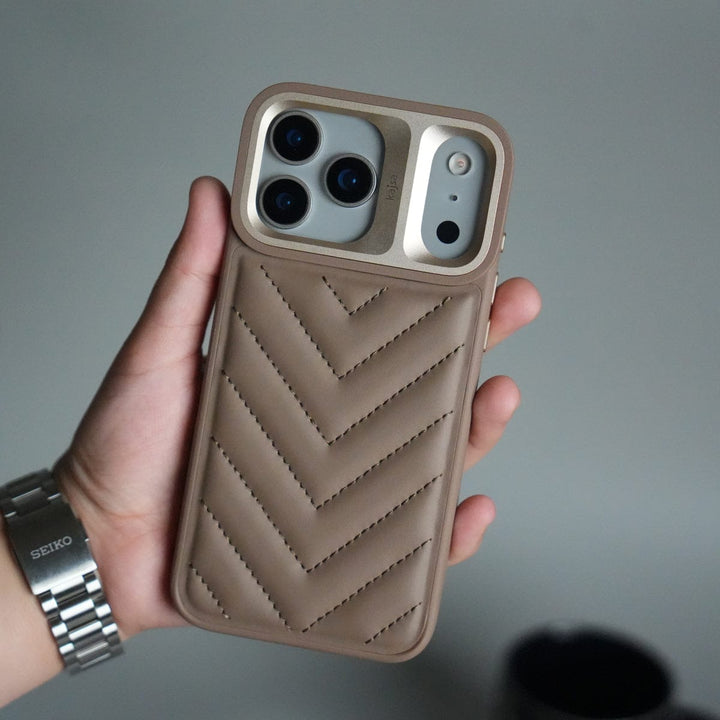 FRATO iPhone 17 Series Brown iPhone 17 Pro Max PUFF Leather Metallic Camera Frame Case Cover