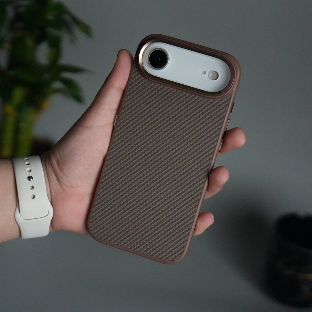 FRATO iPhone 17 Series Copper Brown iPhone 17 Air Metal Camera Ring Carbon Fiber Design MagSafe Cover