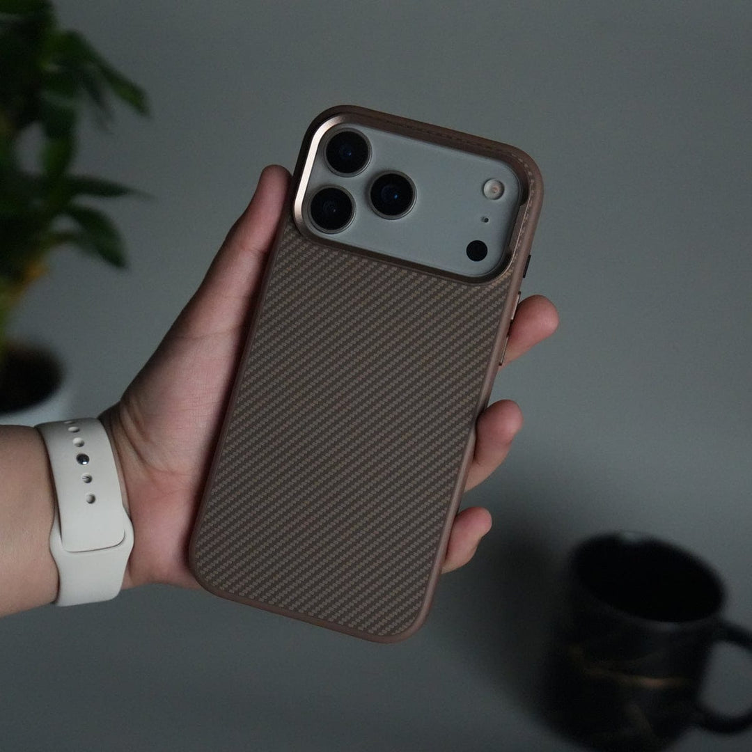 FRATO iPhone 17 Series Copper Brown iPhone 17 Pro Max Metal Camera Ring Carbon Fiber Design MagSafe Cover