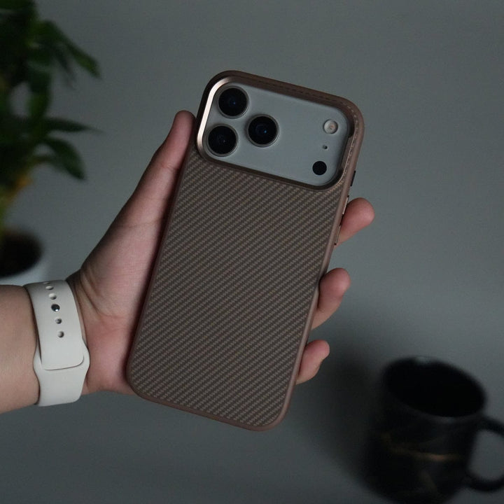 FRATO iPhone 17 Series Copper Brown iPhone 17 Pro Max Metal Camera Ring Carbon Fiber Design MagSafe Cover