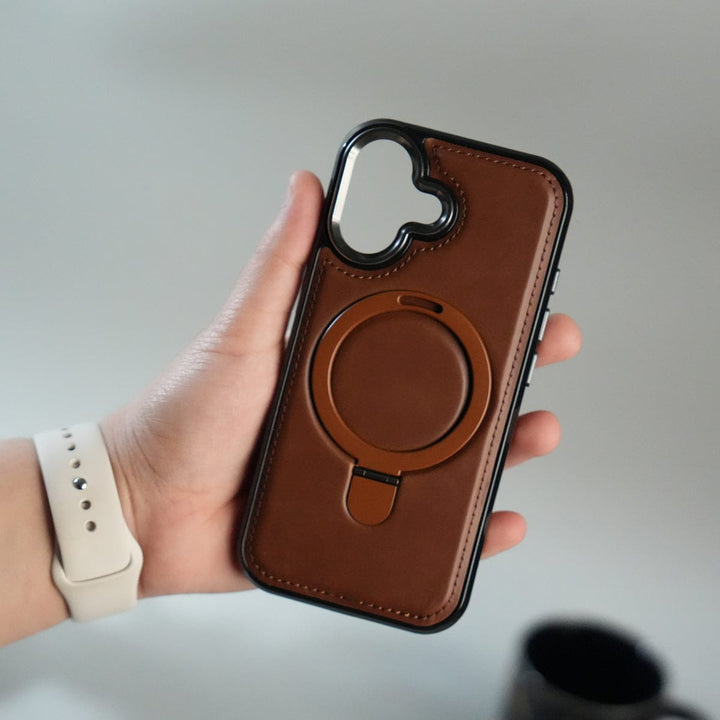FRATO iPhone 17 Series Dark Brown iPhone 17 Premium PU Leather Case with Metal Kickstand | Metal Camera Bump | Luxury Shockproof Back Cover