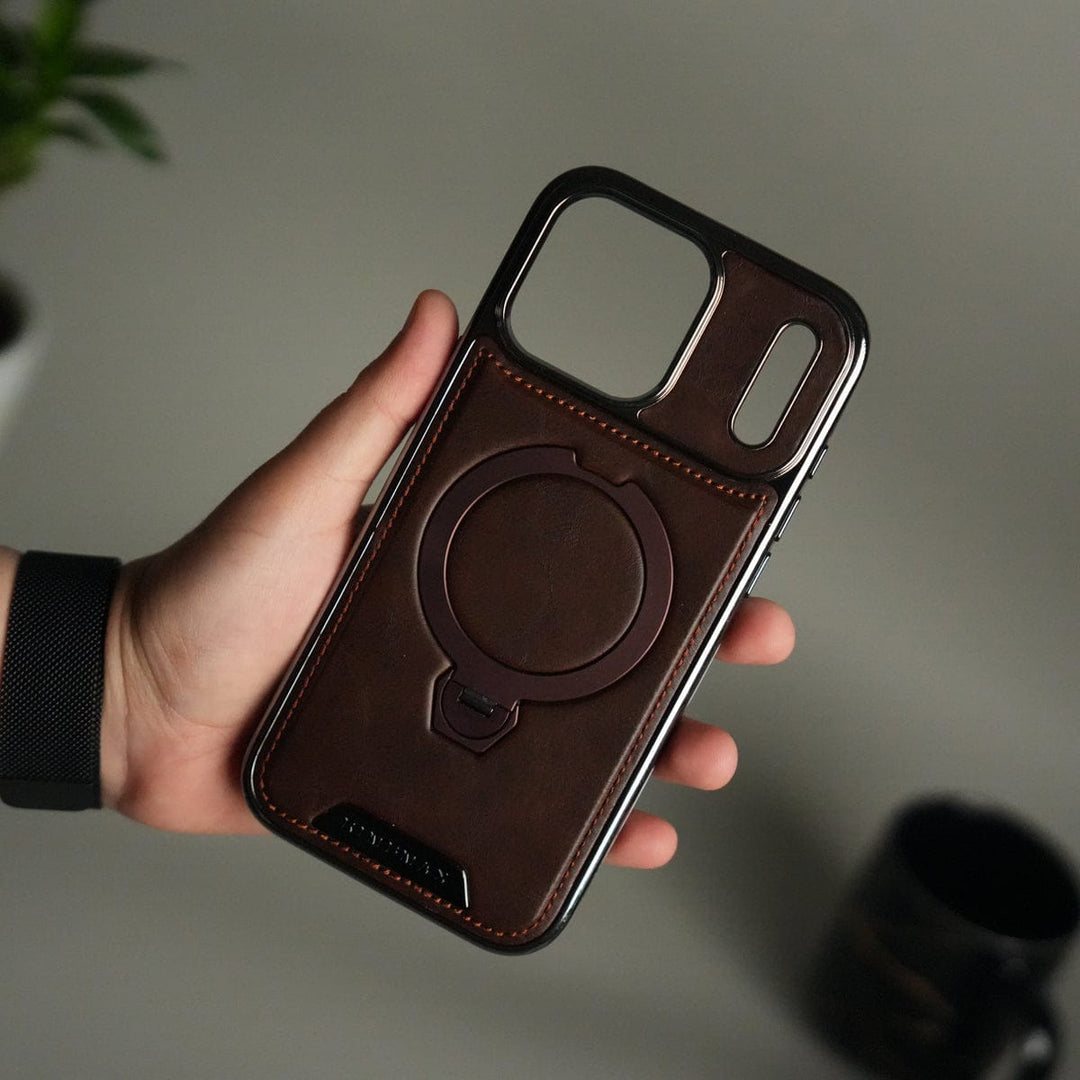 FRATO iPhone 17 Series Dark Brown iPhone 17 Pro Max Luxury Leather Magnetic Ring Case | Metal Kickstand Cover with Chrome Frame