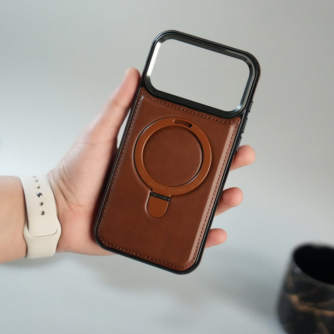 FRATO iPhone 17 Series Dark Brown iPhone 17 Pro Max Premium PU Leather Case with Metal Kickstand | Metal Camera Bump | Luxury Shockproof Back Cover