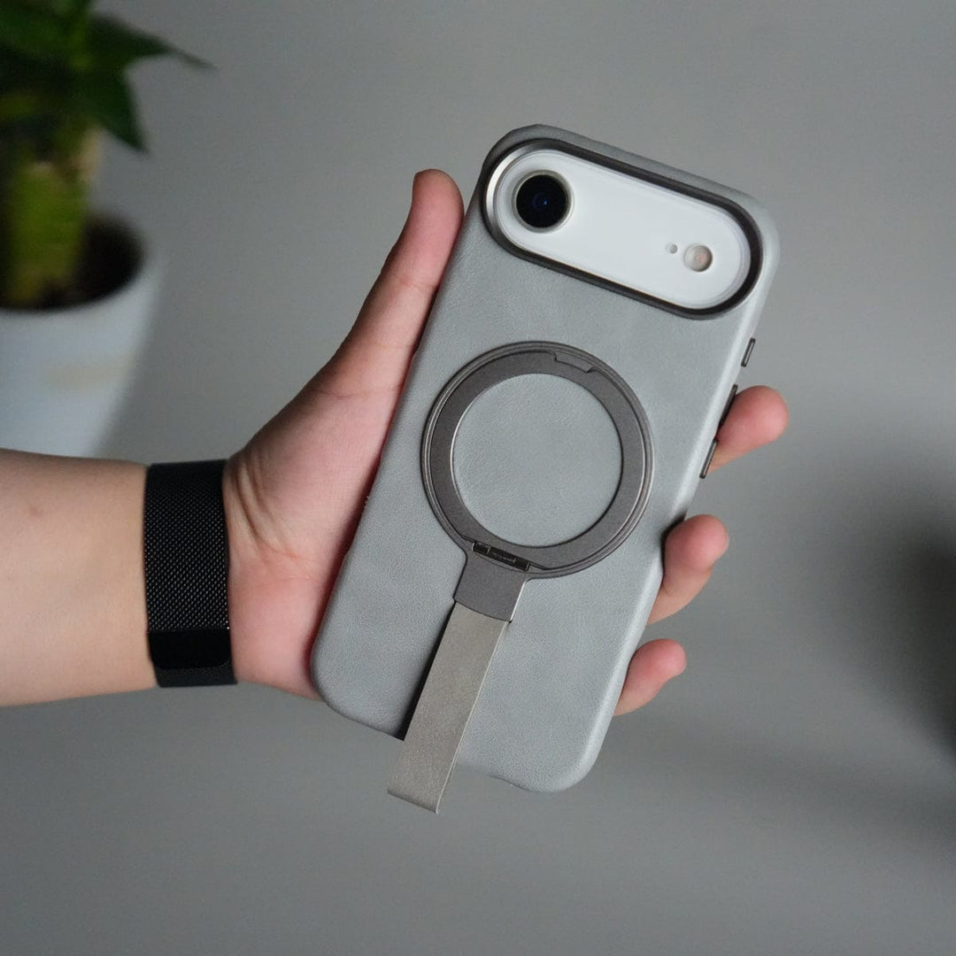 FRATO iPhone 17 Series Gray iPhone 17 Air Luxury Leather MagSafe Case | Metal Ring Stand and Grip Holder Cover