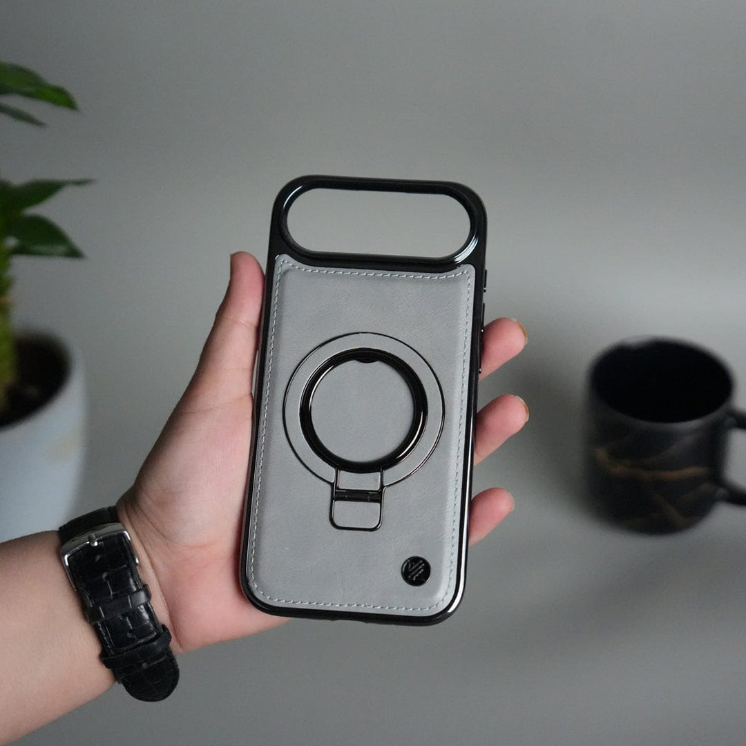 FRATO iPhone 17 Series Gray iPhone 17 Air PU Leather Chrome Side Case With Ring Metal Stand