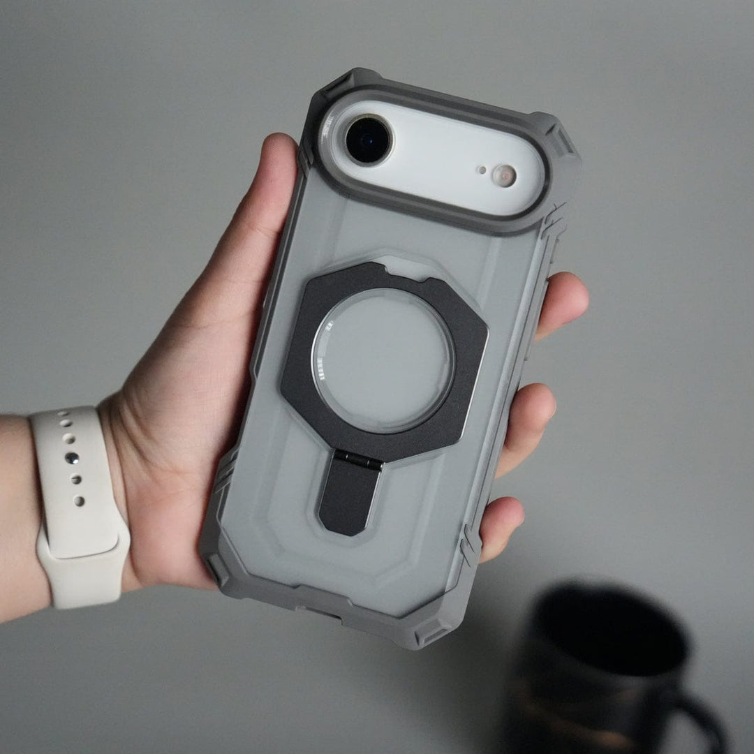 FRATO iPhone 17 Series Gray iPhone 17 Air – Rugged Armor MagSafe Case with Metal Kickstand