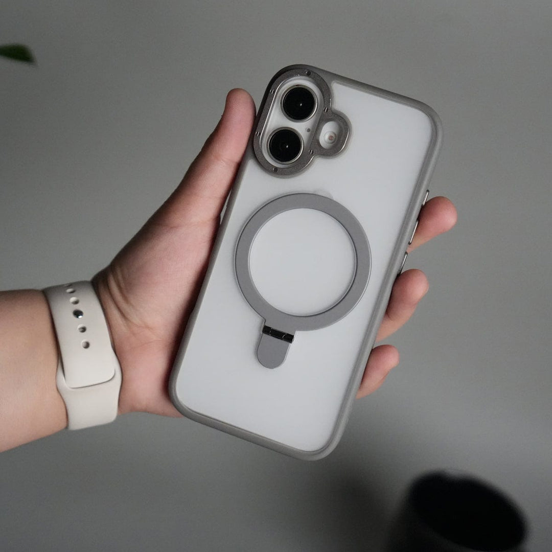 FRATO iPhone 17 Series Gray iPhone 17 Frosted Case with Metal Camera Bump &amp; Metal Kickstand | Shockproof Matte Hybrid Cover