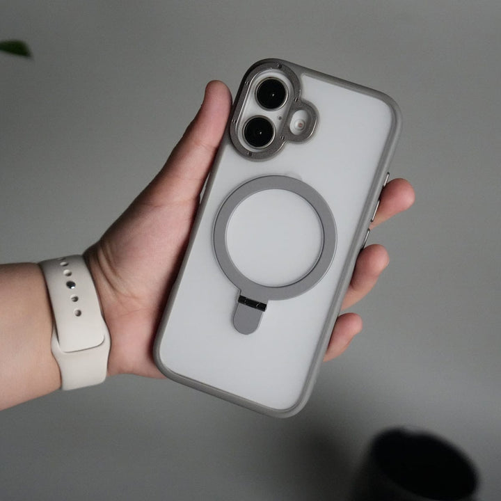 FRATO iPhone 17 Series Gray iPhone 17 Frosted Case with Metal Camera Bump &amp; Metal Kickstand | Shockproof Matte Hybrid Cover