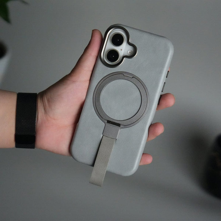 FRATO iPhone 17 Series Gray iPhone 17 Luxury Leather MagSafe Case | Metal Ring Stand and Grip Holder Cover