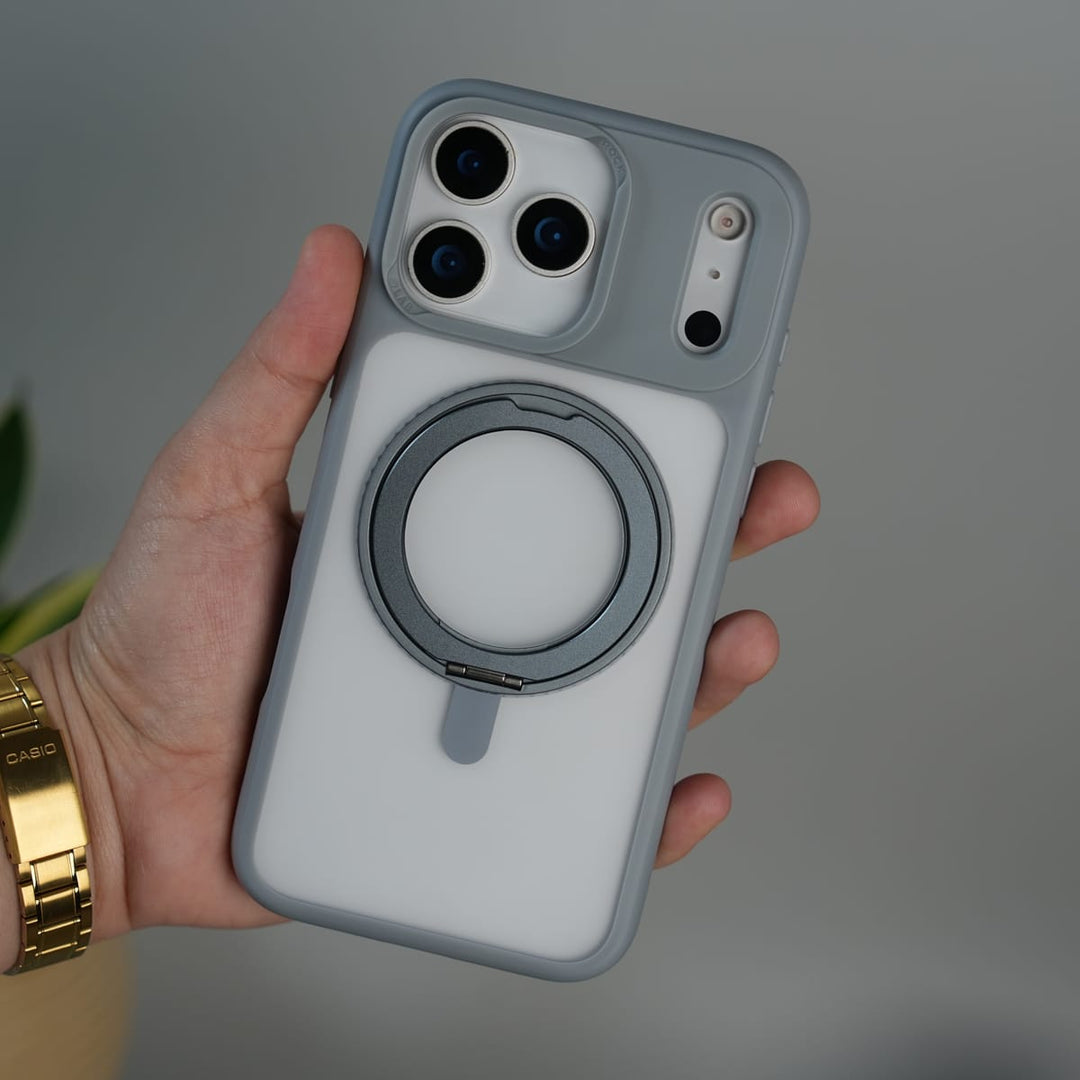 FRATO iPhone 17 Series Gray iPhone 17 Pro Max Frosted Case with MagSafe Metal Kickstand | Shockproof Matte Hybrid Cover