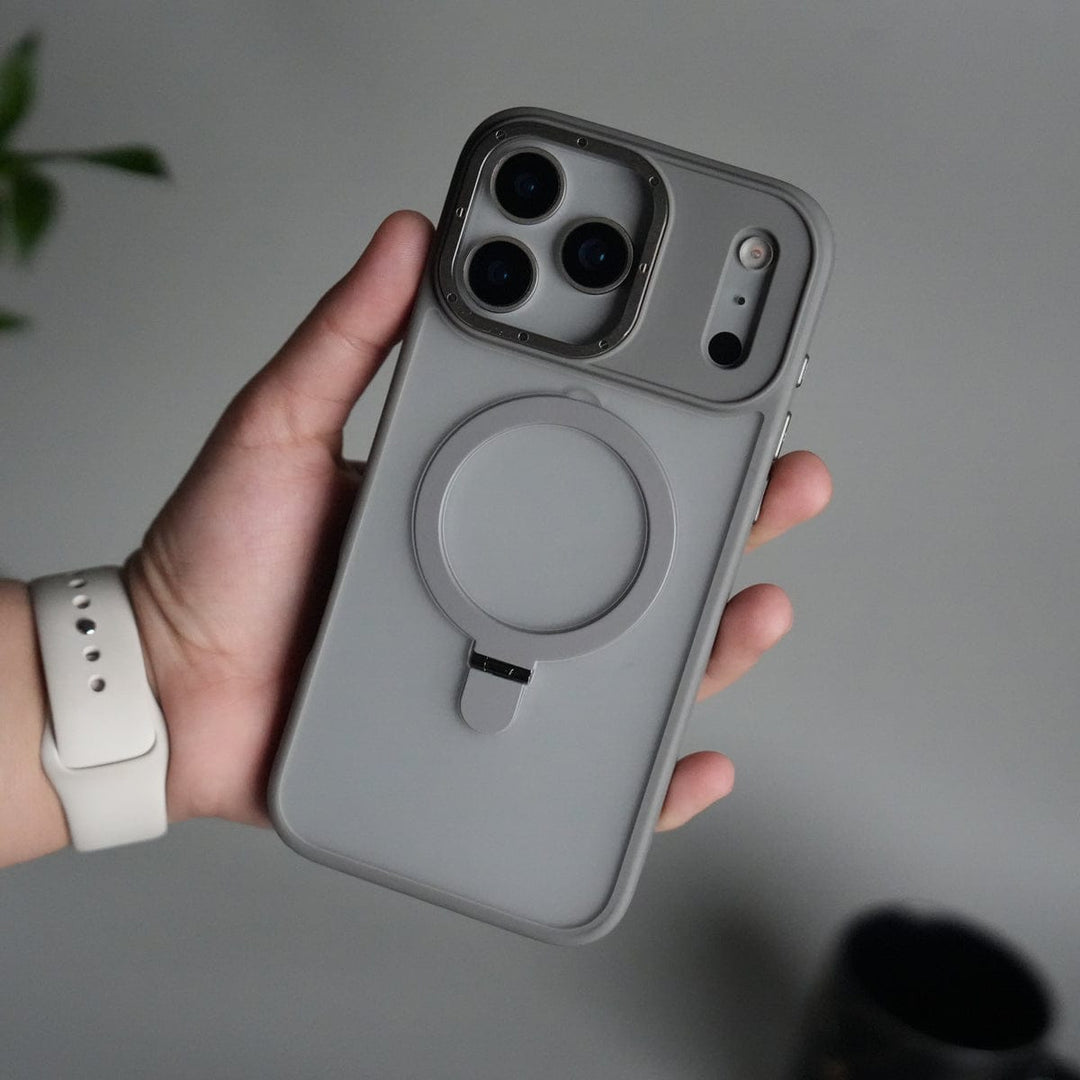 FRATO iPhone 17 Series Gray iPhone 17 Pro Max Frosted Case with Metal Camera Bump &amp; Metal Kickstand | Shockproof Matte Hybrid Cover