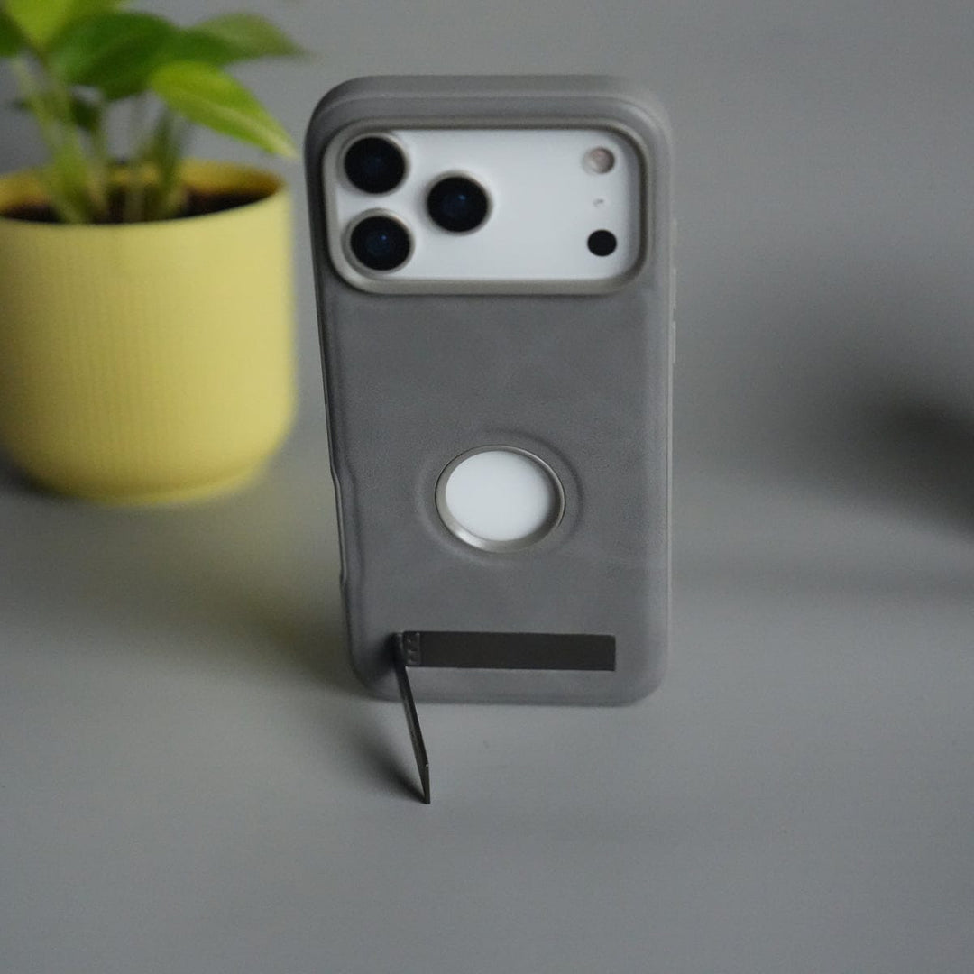 FRATO iPhone 17 Series Gray iPhone 17 Pro Max Full PU Leather Inbuilt Metal Stand Case Cover