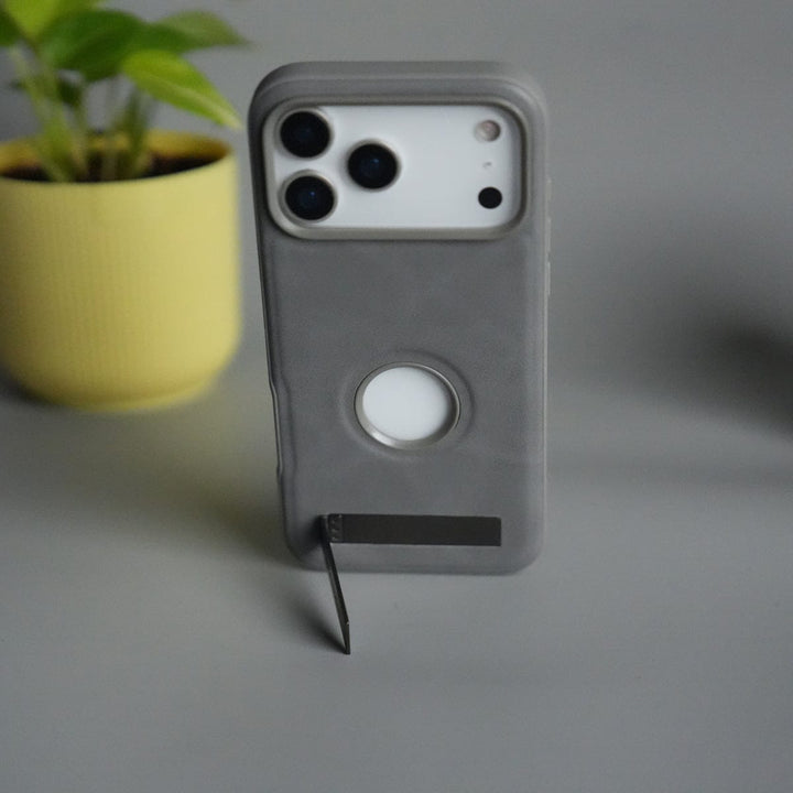 FRATO iPhone 17 Series Gray iPhone 17 Pro Max Full PU Leather Inbuilt Metal Stand Case Cover