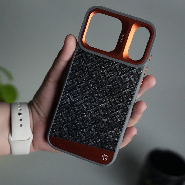 FRATO iPhone 17 Series Gray iPhone 17 Pro Max GeoMaze Pattern Leather Case | Premium Luxury Back Cover with Metal Camera Frame