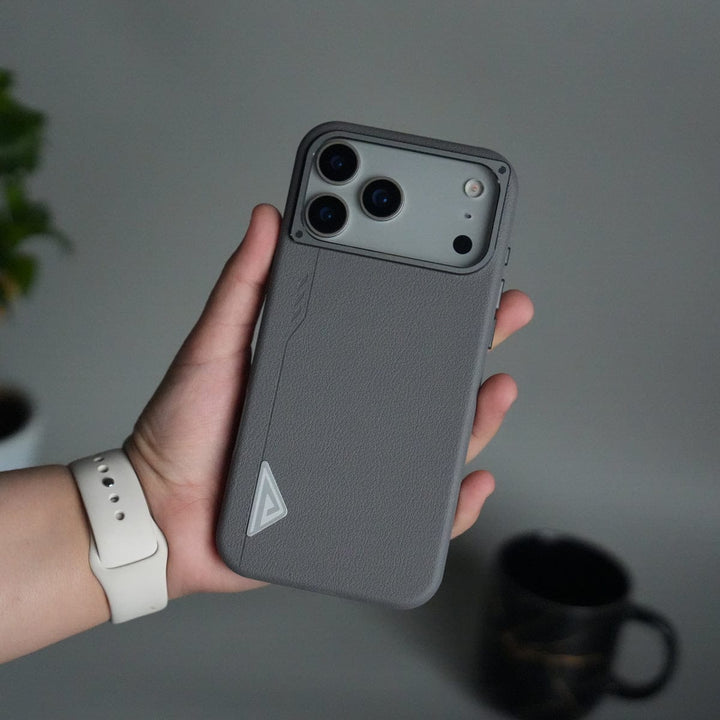FRATO iPhone 17 Series Gray iPhone 17 Pro Max Leather Texture MagSafe PVC NUIU Case With Metal Camera Bump